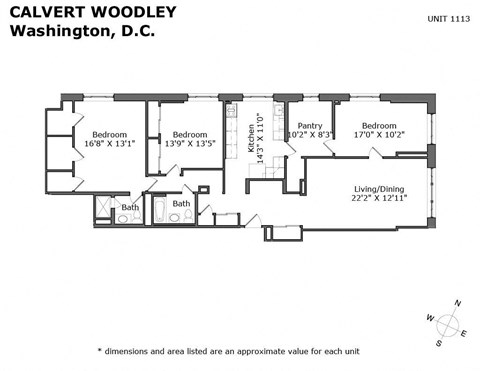 Floor plan for 3 beds, 2 baths, 1600 sqft